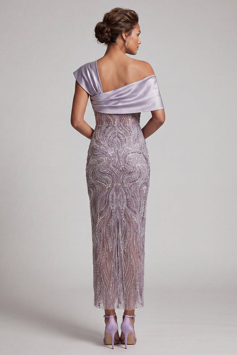Load image into Gallery viewer, Sparkly Lilac Beaded Asymmetrical Neck Sheath Long Mother of the Bride Dress