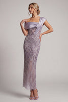 Load image into Gallery viewer, Sparkly Lilac Beaded Asymmetrical Neck Sheath Long Mother of the Bride Dress