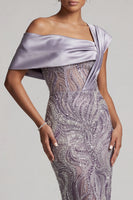Load image into Gallery viewer, Sparkly Lilac Beaded Asymmetrical Neck Sheath Long Mother of the Bride Dress