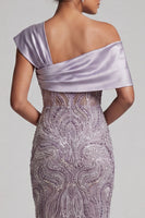 Load image into Gallery viewer, Sparkly Lilac Beaded Asymmetrical Neck Sheath Long Mother of the Bride Dress