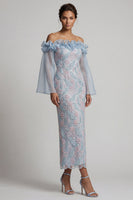 Load image into Gallery viewer, Dusty Blue Ruffled Sheath Off the Shoulder Midi Floral Mother of the Bride Dress