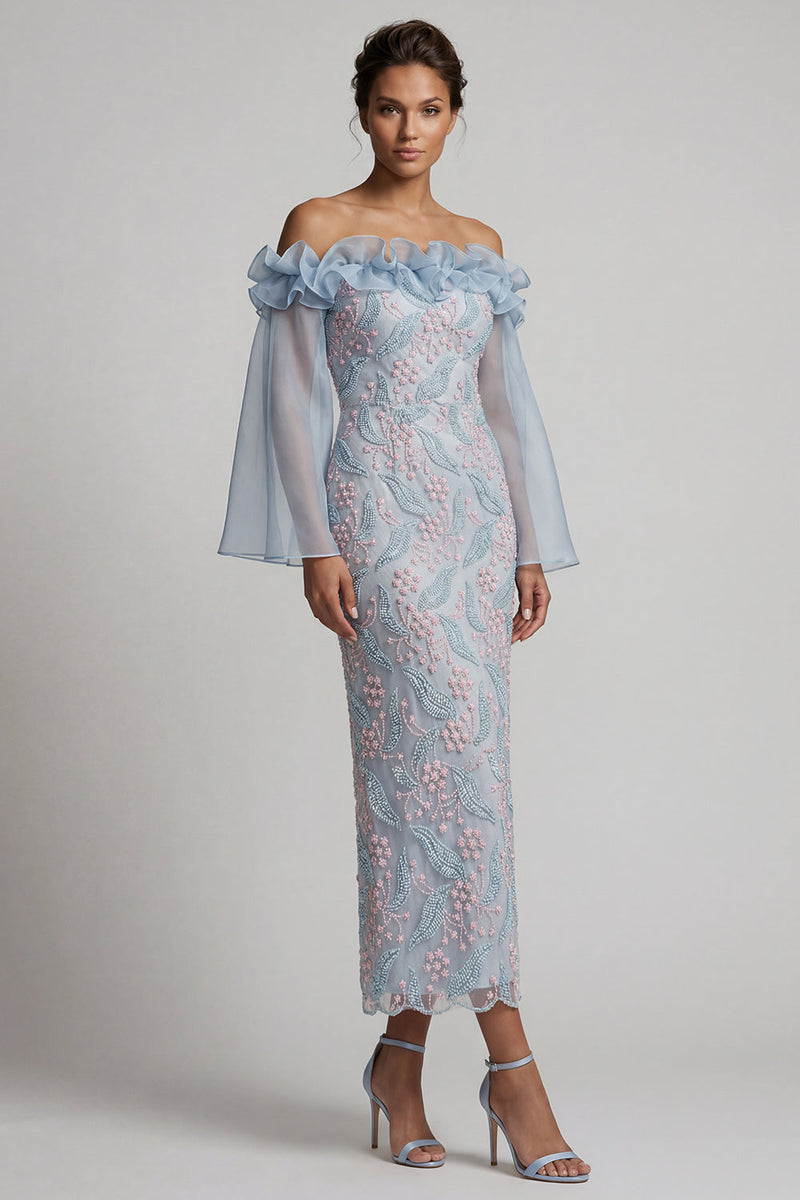 Load image into Gallery viewer, Dusty Blue Ruffled Sheath Off the Shoulder Midi Floral Mother of the Bride Dress