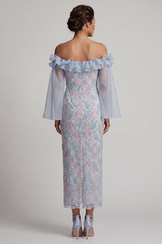 Dusty Blue Ruffled Sheath Off the Shoulder Midi Floral Mother of the Bride Dress
