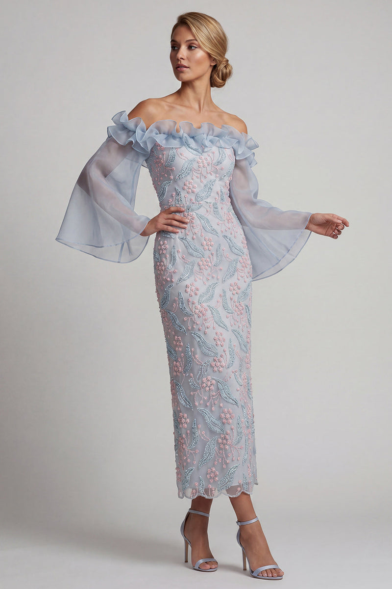 Load image into Gallery viewer, Dusty Blue Ruffled Sheath Off the Shoulder Midi Floral Mother of the Bride Dress
