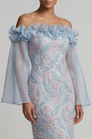 Load image into Gallery viewer, Dusty Blue Ruffled Sheath Off the Shoulder Midi Floral Mother of the Bride Dress