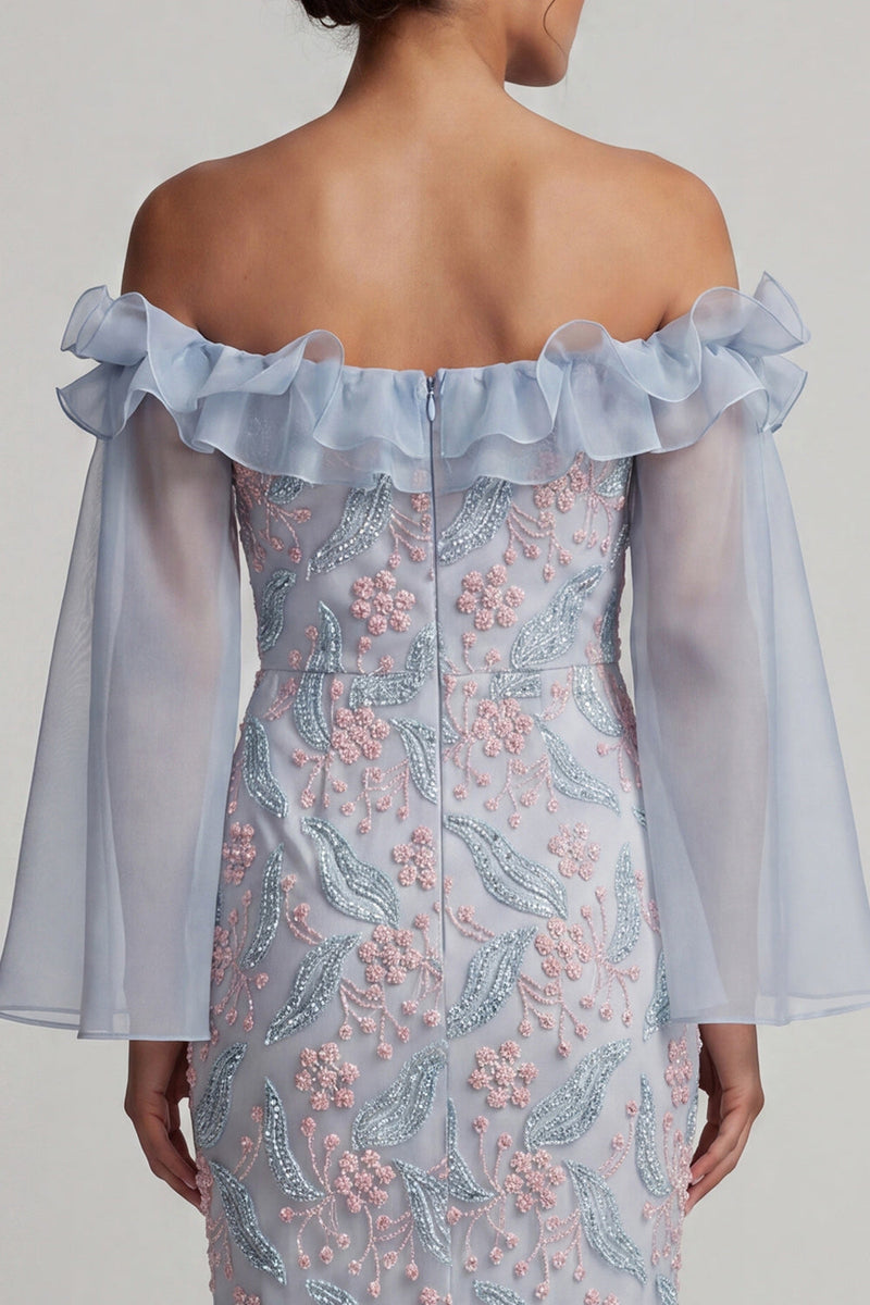 Load image into Gallery viewer, Dusty Blue Ruffled Sheath Off the Shoulder Midi Floral Mother of the Bride Dress