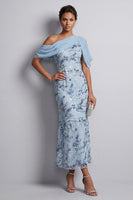Load image into Gallery viewer, Floral Sky Blue Sheath One Shoulder Sequins Midi Mother of the Bride Dress