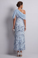 Load image into Gallery viewer, Floral Sky Blue Sheath One Shoulder Sequins Midi Mother of the Bride Dress