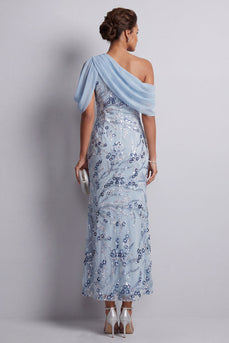 Floral Sky Blue Sheath One Shoulder Sequins Midi Mother of the Bride Dress
