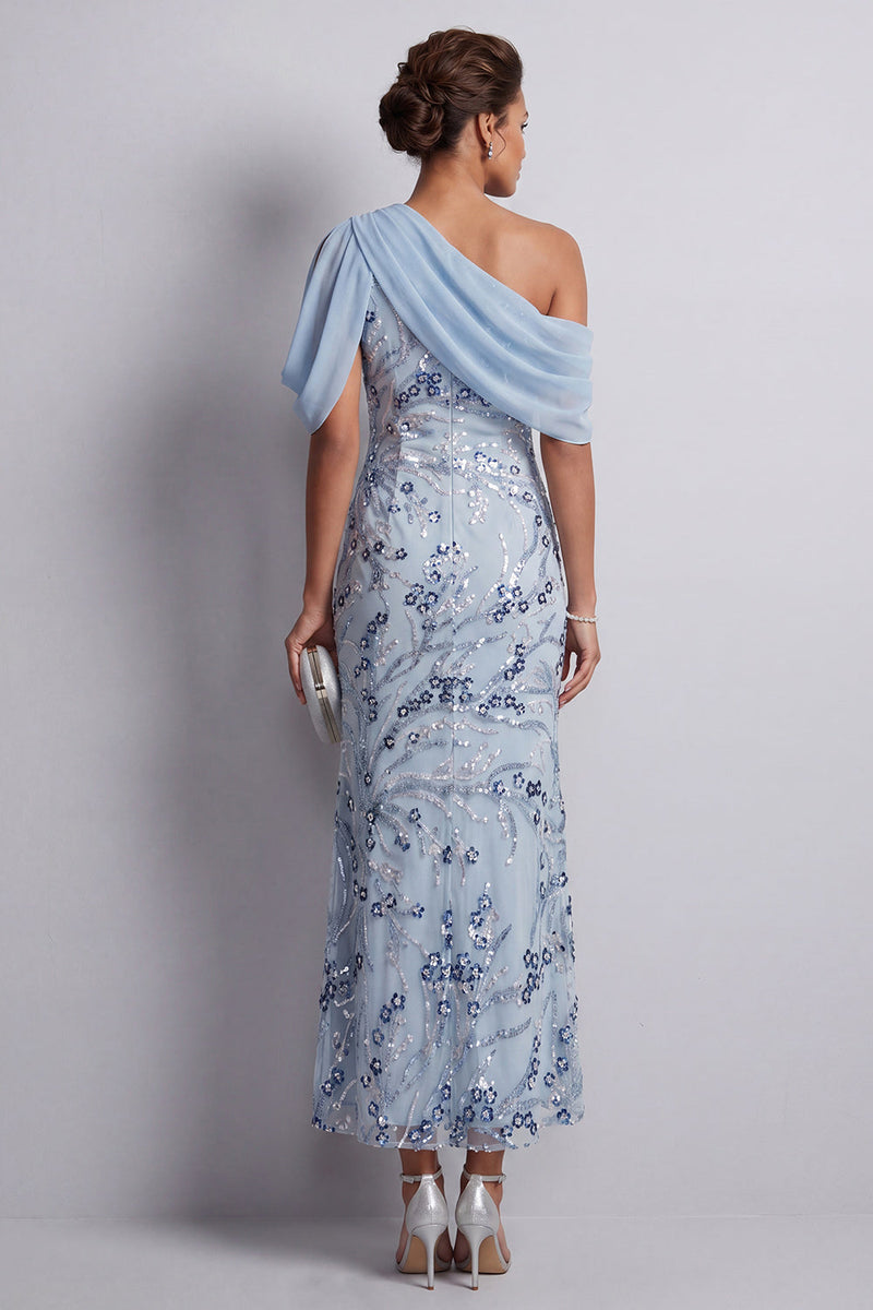 Load image into Gallery viewer, Floral Sky Blue Sheath One Shoulder Sequins Midi Mother of the Bride Dress