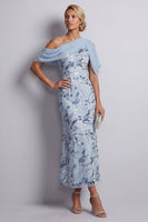 Load image into Gallery viewer, Floral Sky Blue Sheath One Shoulder Sequins Midi Mother of the Bride Dress