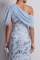 Load image into Gallery viewer, Floral Sky Blue Sheath One Shoulder Sequins Midi Mother of the Bride Dress