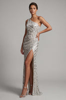 Load image into Gallery viewer, Sparkly Silver Ruched One Shoulder Long Mother of the Bride Dress with Slit