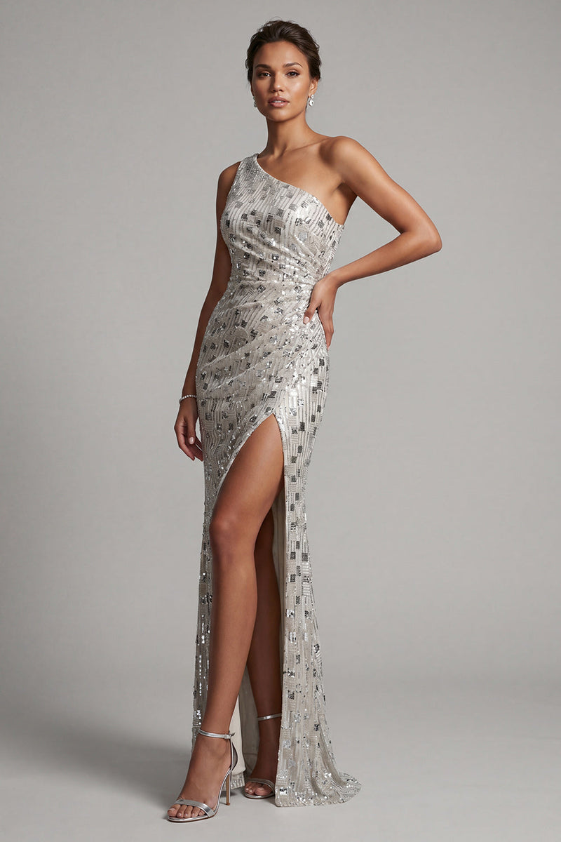 Load image into Gallery viewer, Sparkly Silver Ruched One Shoulder Long Mother of the Bride Dress with Slit