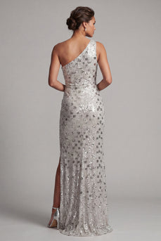 Sparkly Silver Ruched One Shoulder Long Mother of the Bride Dress with Slit