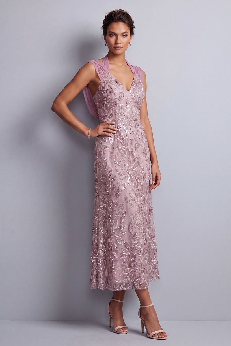 Load image into Gallery viewer, Sparkly Vintage Mauve Floral Sheath Halter Beaded Midi Mother of the Bride Dress