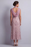 Load image into Gallery viewer, Sparkly Vintage Mauve Floral Sheath Halter Beaded Midi Mother of the Bride Dress