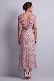 Sparkly Vintage Mauve Floral Sheath Halter Beaded Midi Mother of the Bride Dress