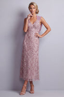 Load image into Gallery viewer, Sparkly Vintage Mauve Floral Sheath Halter Beaded Midi Mother of the Bride Dress