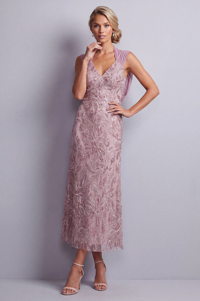 Load image into Gallery viewer, Sparkly Vintage Mauve Floral Sheath Halter Beaded Midi Mother of the Bride Dress
