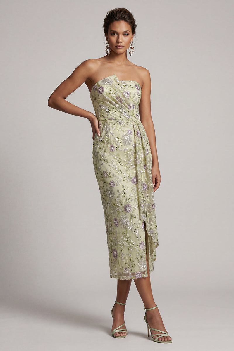 Load image into Gallery viewer, Dusty Sage Strapless Ruched Floral Midi Mother of the Bride Dress