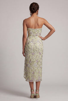 Dusty Sage Strapless Ruched Floral Midi Mother of the Bride Dress