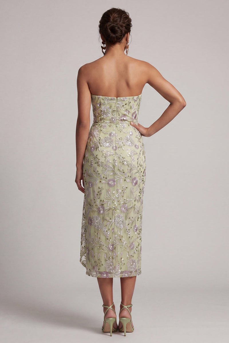 Load image into Gallery viewer, Dusty Sage Strapless Ruched Floral Midi Mother of the Bride Dress