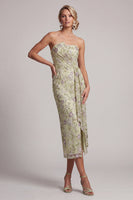 Load image into Gallery viewer, Dusty Sage Strapless Ruched Floral Midi Mother of the Bride Dress