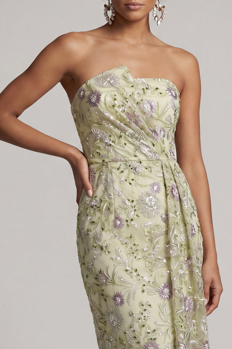 Load image into Gallery viewer, Dusty Sage Strapless Ruched Floral Midi Mother of the Bride Dress