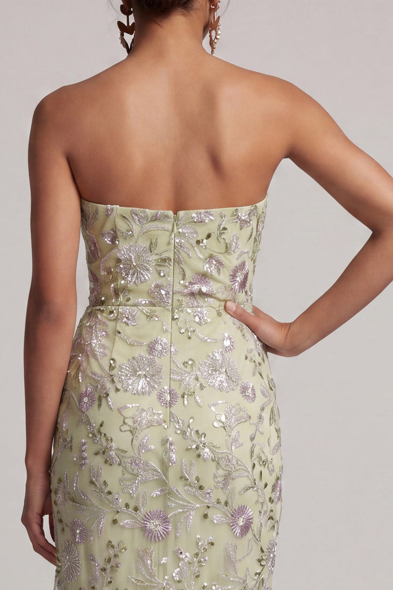 Load image into Gallery viewer, Dusty Sage Strapless Ruched Floral Midi Mother of the Bride Dress