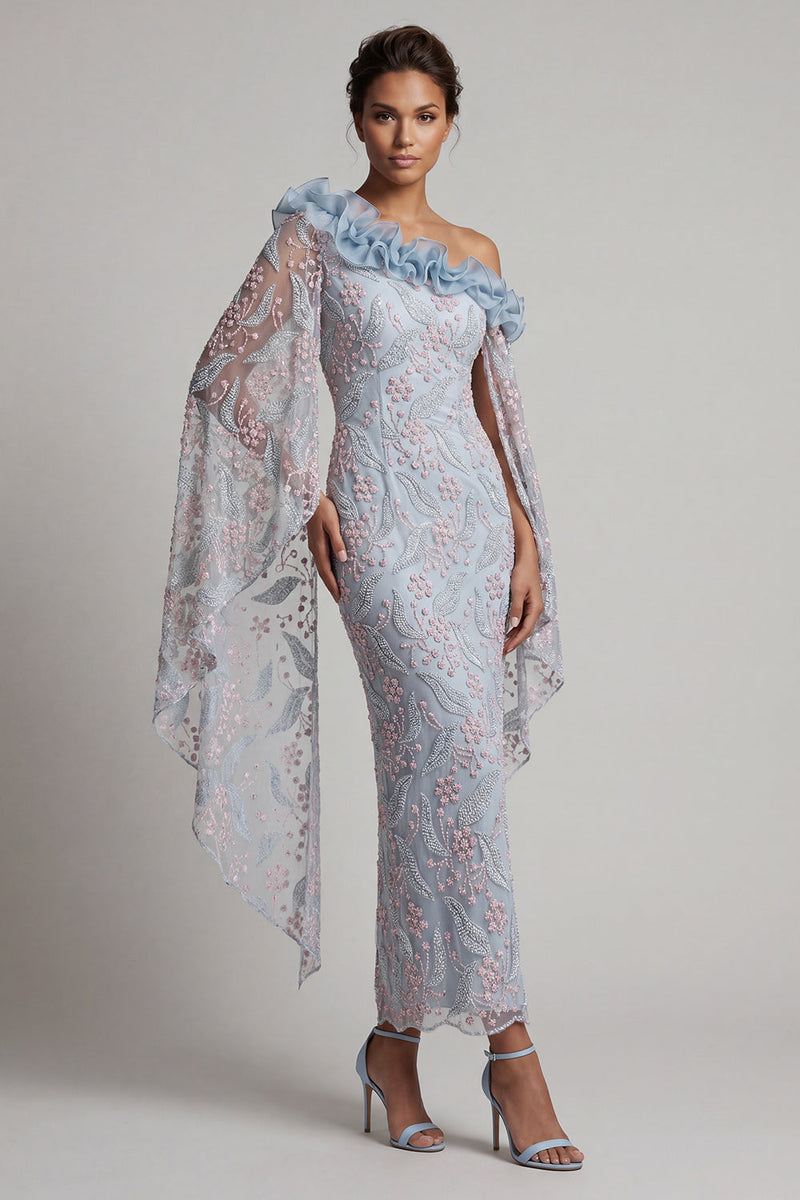Load image into Gallery viewer, Dusty Blue Floral Sheath One Shoulder Long Mother of the Bride Dress