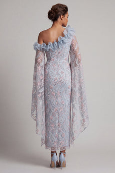 Dusty Blue Floral Sheath One Shoulder Long Mother of the Bride Dress