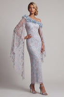 Load image into Gallery viewer, Dusty Blue Floral Sheath One Shoulder Long Mother of the Bride Dress