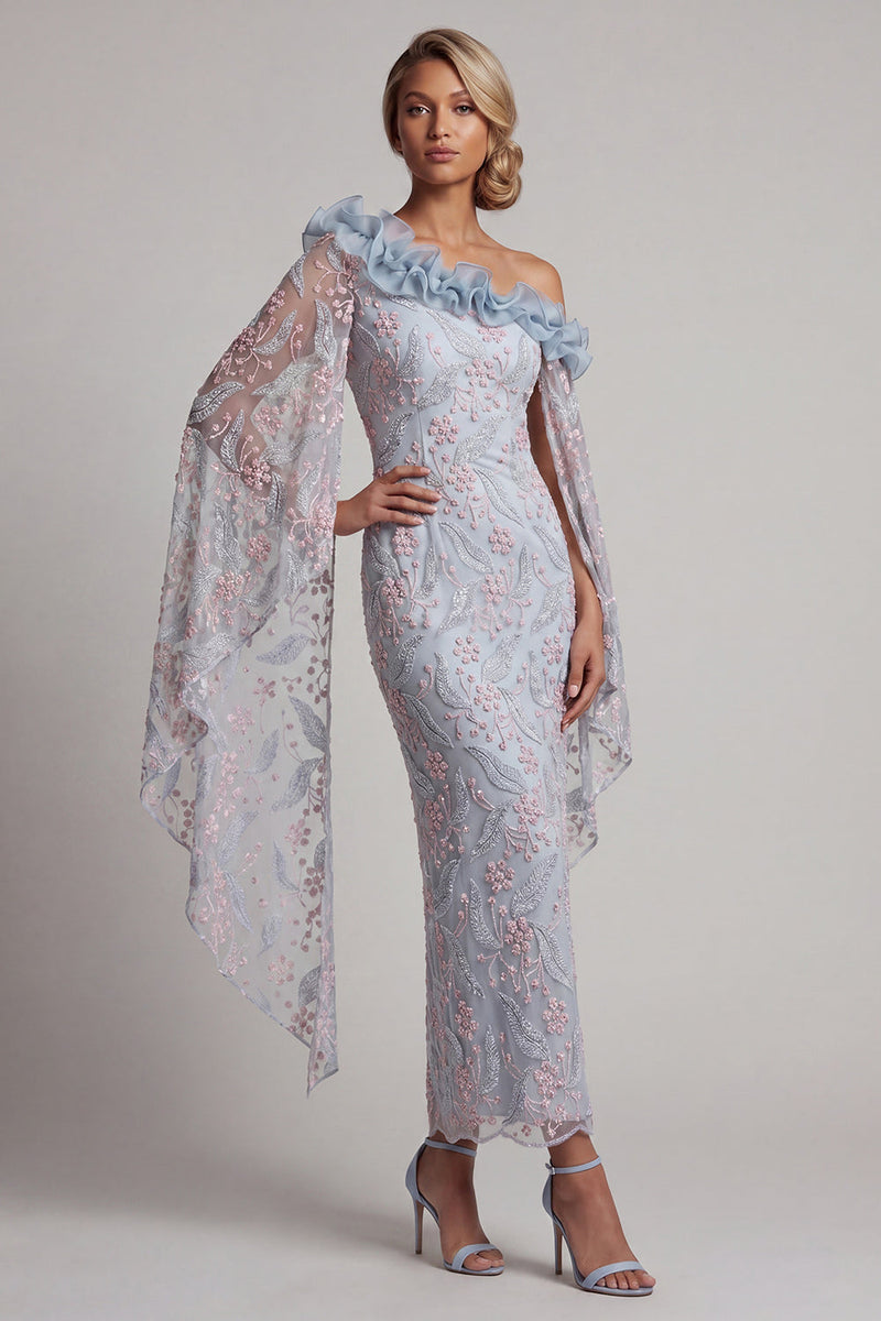 Load image into Gallery viewer, Dusty Blue Floral Sheath One Shoulder Long Mother of the Bride Dress