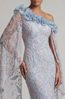 Load image into Gallery viewer, Dusty Blue Floral Sheath One Shoulder Long Mother of the Bride Dress