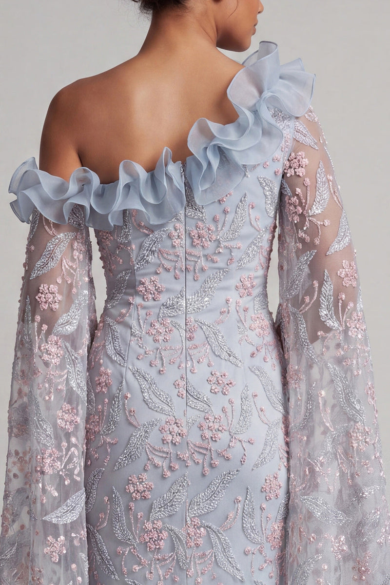 Load image into Gallery viewer, Dusty Blue Floral Sheath One Shoulder Long Mother of the Bride Dress