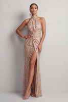 Load image into Gallery viewer, Sparkly Champagne High Neck Ruched Sequin Long Mother of the Bride Dress with Slit
