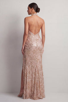 Sparkly Champagne High Neck Ruched Sequin Long Mother of the Bride Dress with Slit