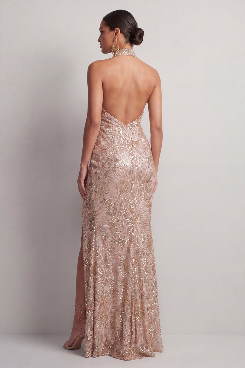 Load image into Gallery viewer, Sparkly Champagne High Neck Ruched Sequin Long Mother of the Bride Dress with Slit