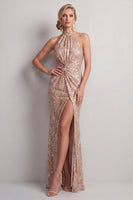 Load image into Gallery viewer, Sparkly Champagne High Neck Ruched Sequin Long Mother of the Bride Dress with Slit