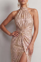 Load image into Gallery viewer, Sparkly Champagne High Neck Ruched Sequin Long Mother of the Bride Dress with Slit