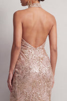 Load image into Gallery viewer, Sparkly Champagne High Neck Ruched Sequin Long Mother of the Bride Dress with Slit