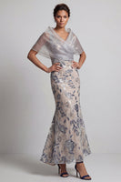 Load image into Gallery viewer, Silver Floral Mermaid V-Neck Long Mother of the Bride Dress