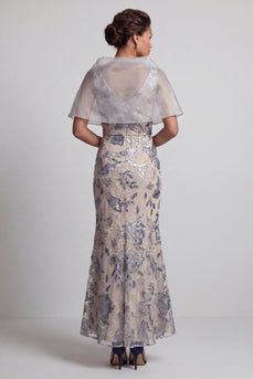 Silver Floral Mermaid V-Neck Long Mother of the Bride Dress
