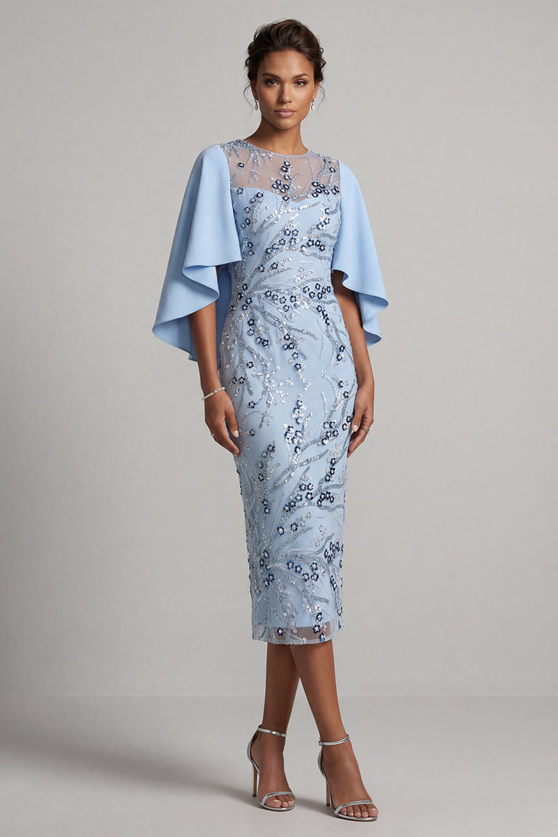 Load image into Gallery viewer, Saprkly Sky Blue Floral Sheath Beaded Midi Mother of the Bride Dress with Cape
