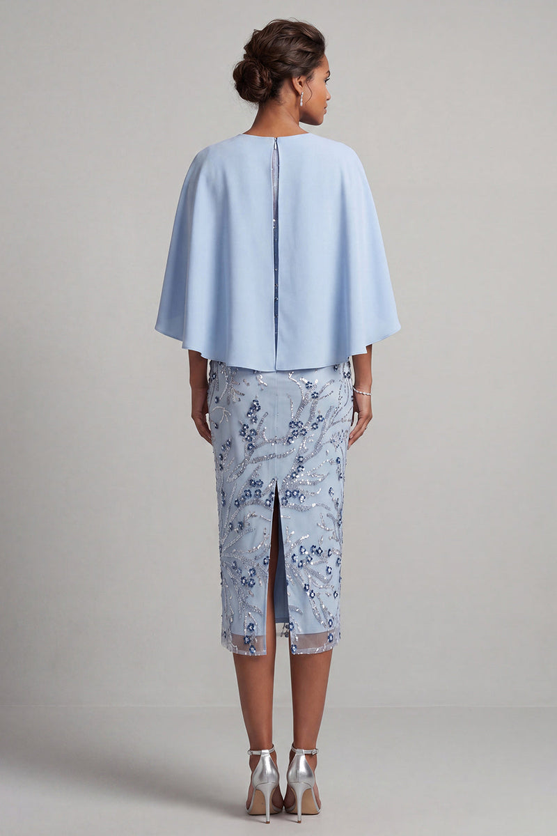 Load image into Gallery viewer, Saprkly Sky Blue Floral Sheath Beaded Midi Mother of the Bride Dress with Cape
