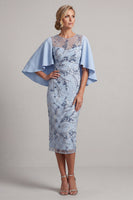 Load image into Gallery viewer, Saprkly Sky Blue Floral Sheath Beaded Midi Mother of the Bride Dress with Cape