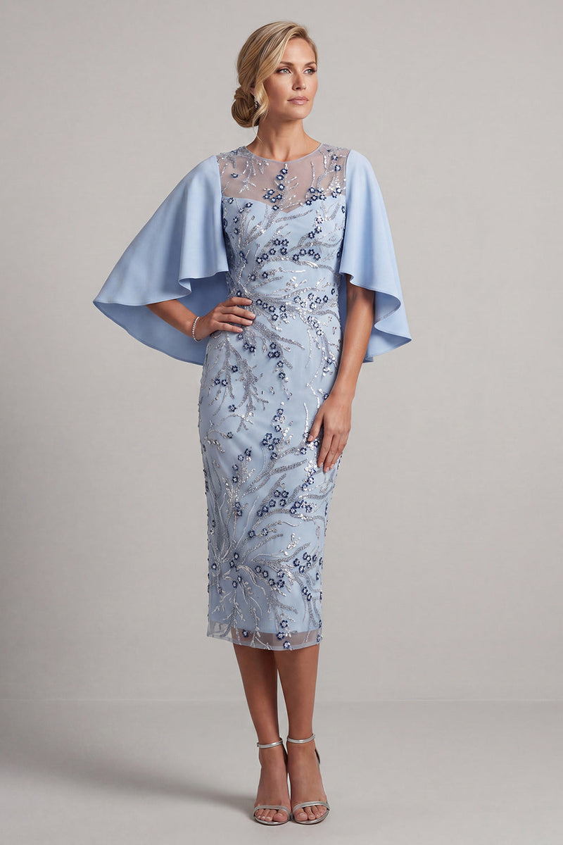 Load image into Gallery viewer, Saprkly Sky Blue Floral Sheath Beaded Midi Mother of the Bride Dress with Cape