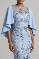 Load image into Gallery viewer, Saprkly Sky Blue Floral Sheath Beaded Midi Mother of the Bride Dress with Cape