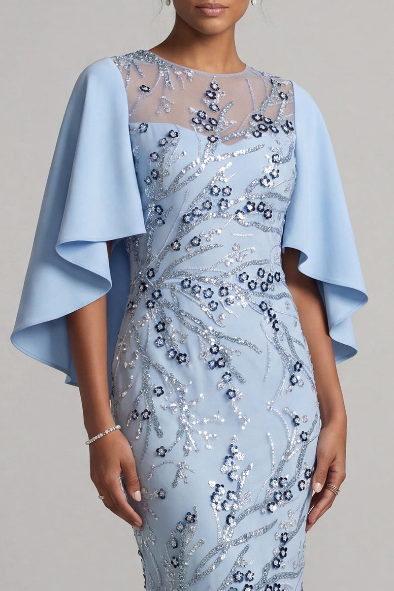 Load image into Gallery viewer, Saprkly Sky Blue Floral Sheath Beaded Midi Mother of the Bride Dress with Cape